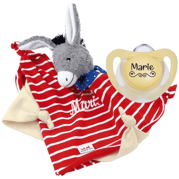 Schnullireich Geschenkset Käthe Kruse Schmusetuch Mit Namen Esel + NUK Namensschnuller (0-6 Mon) Rot 4 Schnullireich Geschenkset Käthe Kruse Schmusetuch Mit Namen Esel + NUK Namensschnuller (0-6 Mon) Rot – Bild 2