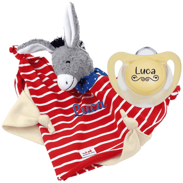 Schnullireich Geschenkset Käthe Kruse Schmusetuch Mit Namen Esel + NUK Namensschnuller (0-6 Mon) Rot 3 Schnullireich Geschenkset Käthe Kruse Schmusetuch Mit Namen Esel + NUK Namensschnuller (0-6 Mon) Rot